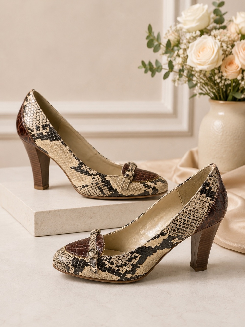 Franco Barbieri Italian Snakeskin Croc Trim Heeled Loafer Pumps 6.5 M